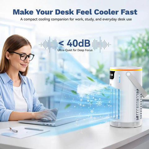 4 In 1 Personal Portable AC Cooler With Ice Water Mist on desk next to woman using laptop, showing quiet cooling