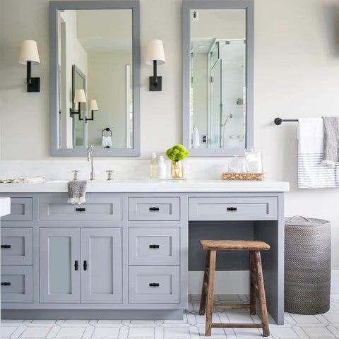 Bathroom vanity with gray cabinets featuring Matte Black Cabinet Knobs 25 Pack Stainless Steel T Bar Drawer Pulls for Cabinets.
