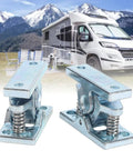 Heavy Duty Spring Loaded Door Catch With Zinc Alloy Double Roller Latch For RVs Trailers Trucks Cabinets Boats And Garages, Built Tough Zinc Construction For Secure Smooth Operation image with spring mechanism, RV at background.