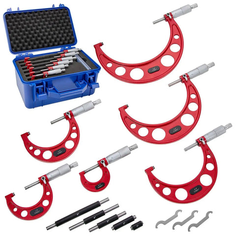 Six-Piece Outside Micrometer Set 0-6 Inches With Carbide Tips, Calibration Standards, Ratchet Stop, And Padded Hard Case in blue box