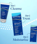 Skincare routine with Differin products, including Cleanse, Acne Treatment Gel With 0.1 Percent Adapalene Retinoid, and Moisturize steps.