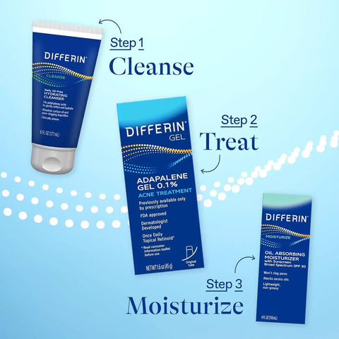 Skincare routine with Differin products, including Cleanse, Acne Treatment Gel With 0.1 Percent Adapalene Retinoid, and Moisturize steps.