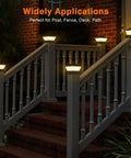 Solar Powered Post Cap Lights 6 Pack With Dual Mode Cool White And Warm White on deck posts, creating ambient lighting