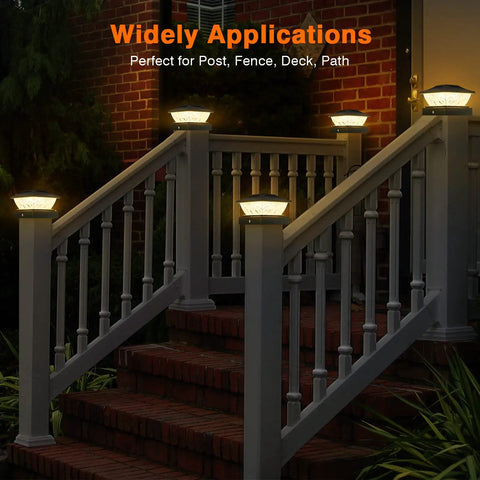 Solar Powered Post Cap Lights 6 Pack With Dual Mode Cool White And Warm White on deck posts, creating ambient lighting