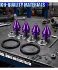 Upgrade Your Ride With These Sick Universal Car Bumper Quick Release Kit Featuring Durable Aluminum Fasteners, Sealing Washers And O Rings For Easy Front Rear Access To Fenders Hoods Or Trunk Lids In Cool Purple Color, 4 purple aluminum fasteners with washers, O-rings and wrench