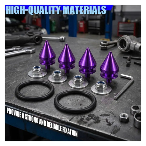 Upgrade Your Ride With These Sick Universal Car Bumper Quick Release Kit Featuring Durable Aluminum Fasteners, Sealing Washers And O Rings For Easy Front Rear Access To Fenders Hoods Or Trunk Lids In Cool Purple Color, 4 purple aluminum fasteners with washers, O-rings and wrench