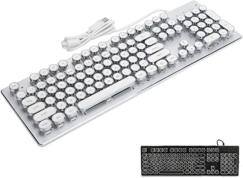 Badass 104 Key Mechanical Gaming Keyboard For PC featuring slick white round keys, retro design and USB connection.
