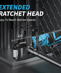 Cordless 16.8V 3/8 Inch Drive Ratchet Wrench Set showing extended ratchet head for narrow spaces
