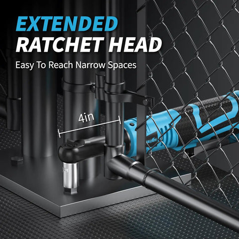 Cordless 16.8V 3/8 Inch Drive Ratchet Wrench Set showing extended ratchet head for narrow spaces