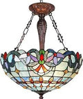 Tiffany Style Stained Glass Pendant Light Chandelier Three Lights 18 Inch Wide Victorian Antique Hanging Lamp with floral motifs