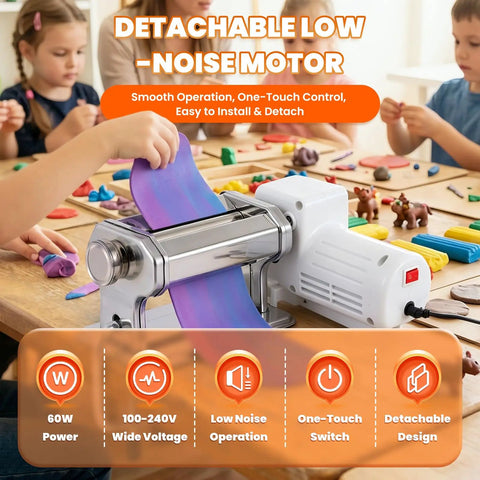Pro Electric Polymer Clay Press Machine With 9 Thickness Settings And Dual Manual Or Power Modes, shown in use by children.
