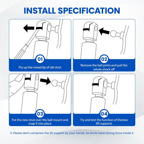 Install instructions for Heavy Duty 14 Inch Gas Struts 24 Lbs Lift Supports for smooth replacement on truck lids.