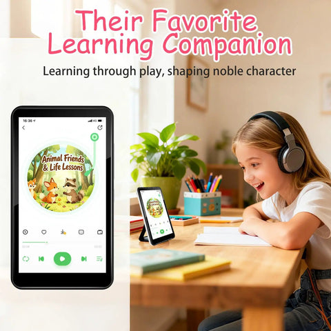Girl wearing headphones using Kids MP3 Player With Bluetooth And WiFi Android 9.0 144GB Four Inch Touch Screen Portable Media Player
