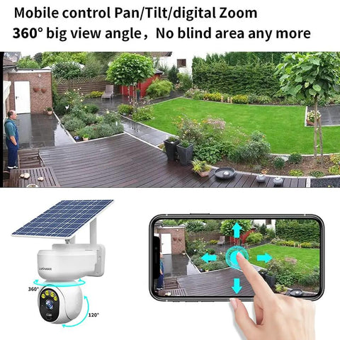 Solar Powered Wireless Outdoor WiFi Security Camera With PTZ 360 Degree View Color Night Vision displayed on smartphone in garden