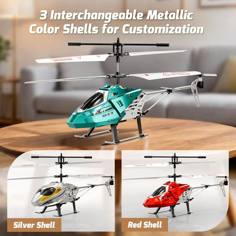 Heavy Duty RC Helicopter For Kids With LED Lights, 2.4GHz Remote, silver, red, teal shells, alloy frame, on table