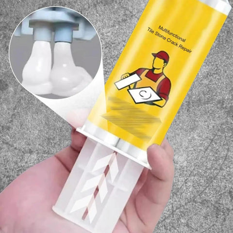Quick Dry Tile Repair Glue DIY Kit With Complete Tool Set For Permanent Fixes Of Chips Pits And Cracks In Granite Marble Porcelain Ceramic Surfaces Multifunctional Tile Stone Crack Repair Paste For Bathtub Floor with applicator in hand, demonstrating white paste application.