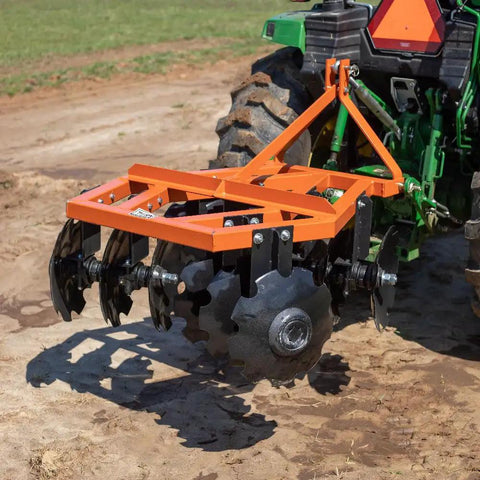 3 Point 4 Ft Notched Disc Harrow Plow Attachment for CAT 1 Tractors with 16 Inch Discs on field soil for farm use