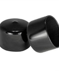 Pack Of Four Round Black Vinyl End Caps For 1.625 Inch Pipe Or Tube, Flexible Rubber Thread Protector And Safety Cover For Bolts And Screws, One Inch Inside Height, Built To Fit 1.625 To 1.6875 Inch Outer Diameter. Black vinyl end caps shown angled, for 1.625 inch pipe