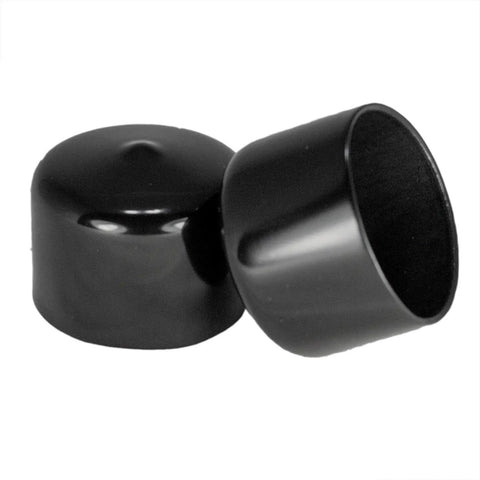 Pack Of Four Round Black Vinyl End Caps For 1.625 Inch Pipe Or Tube, Flexible Rubber Thread Protector And Safety Cover For Bolts And Screws, One Inch Inside Height, Built To Fit 1.625 To 1.6875 Inch Outer Diameter. Black vinyl end caps shown angled, for 1.625 inch pipe