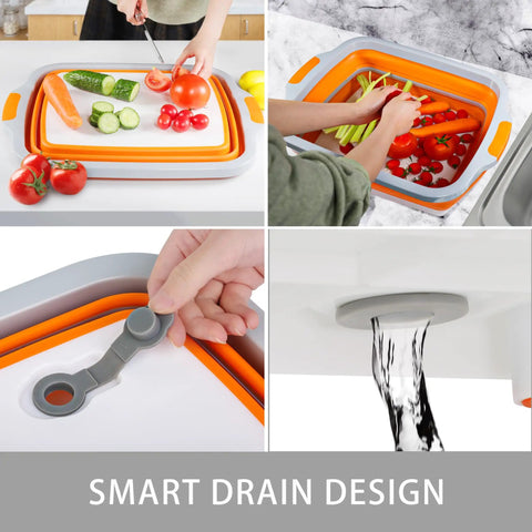 Large Collapsible BBQ Prep Tub With Lid 4.22 Gal 16L Foldable Camping Sink with cutting board and colander in use