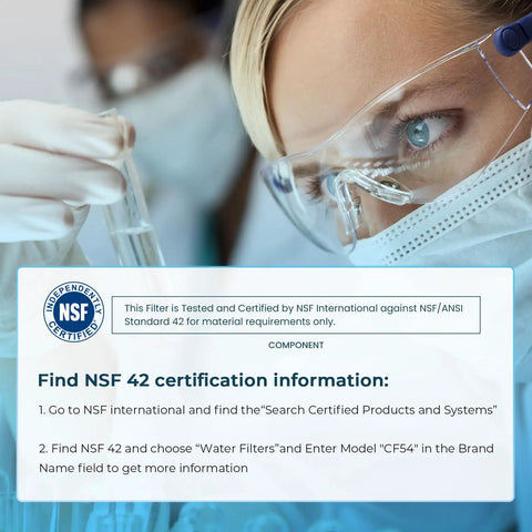 Scientist examining water sample with NSF 42 certification details for Opal Nugget Ice Maker Filter Replacement 3 Pack For Profile Opal Ice Maker Easy Install And Budget Friendly Replacement Every 3 Months To Keep Ice Fresh And Clean And Great Tasting.