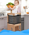 Toddler on standing tower with Double Layer Safety Net For Toddler Standing Tower And Foldable Learning Step Stool