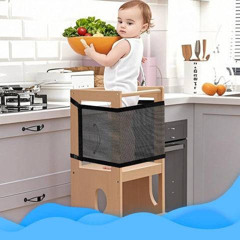 Toddler on standing tower with Double Layer Safety Net For Toddler Standing Tower And Foldable Learning Step Stool