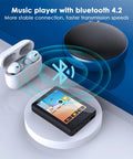 Bluetooth MP3 Player With Built-In Speaker For Kids next to wireless earbuds and speaker, showing Bluetooth 4.2 connectivity.