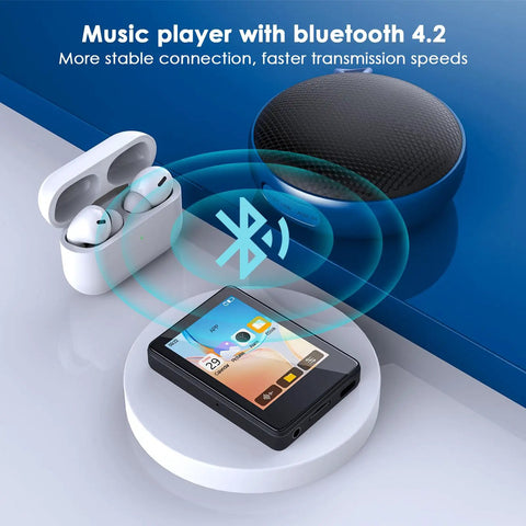 Bluetooth MP3 Player With Built-In Speaker For Kids next to wireless earbuds and speaker, showing Bluetooth 4.2 connectivity.