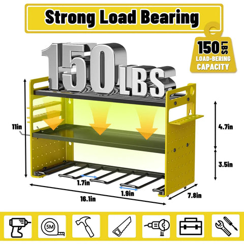 Power Tool Organizer Wall Mount With Hooks Drill Holder And Screwdriver Rack Built In Power Strip Pro Grade Heavy Duty Iron Three Layer Garage Storage Shelf For Workshop Shed Pegboard Basement Yellow shown with load capacity.