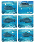 Six Channel Mini RC Submarine with auto surfacing and maneuverability in pools, showing dive, surface, left, right, forward, and reverse controls.