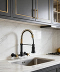 Oil Rubbed Bronze Farmhouse Kitchen Faucet With Pull Down And Pull Out Sprayer 59 Inch Hose Industrial Spring Design Solid Brass Construction For Long Lasting Durability And Easy Cleaning installed over a stainless steel sink