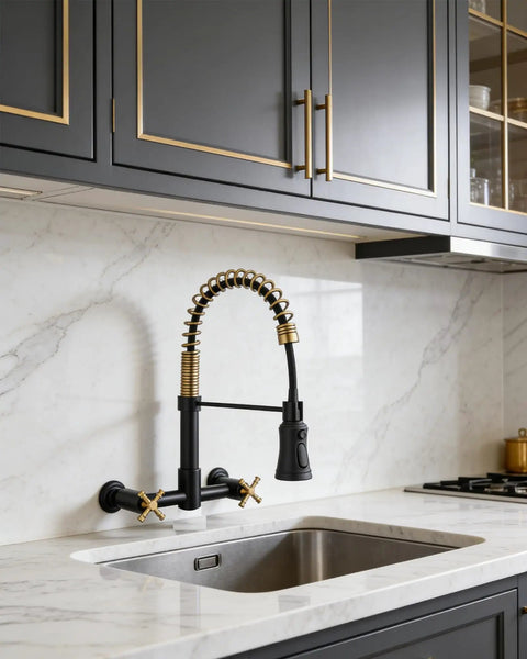 Oil Rubbed Bronze Farmhouse Kitchen Faucet With Pull Down And Pull Out Sprayer 59 Inch Hose Industrial Spring Design Solid Brass Construction For Long Lasting Durability And Easy Cleaning installed over a stainless steel sink