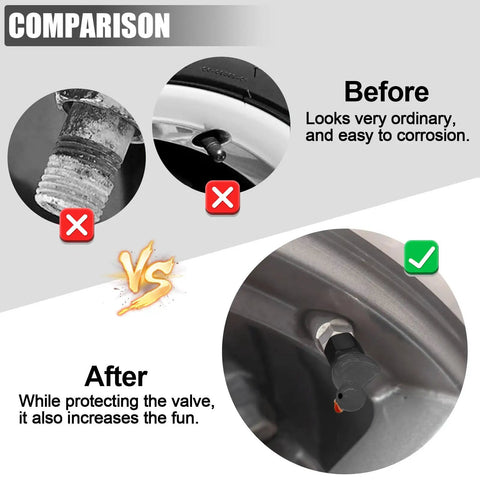 Comparison of corroded tire valve and new Four Pack Cute Duck Glow In The Dark Tire Valve Caps For Cars Motorcycles Trucks Bicycles Black Titanium