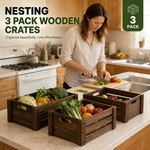 Three Pack Extra Large Rustic Wooden Crates For Display And Storage Farmhouse Style Nesting Boxes used in kitchen with vegetables
