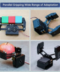 Beefy BigClaw Mechanical Gripper For DIY Robots displaying parallel grip on blocks, apple, showcasing aluminum build and adaptability.