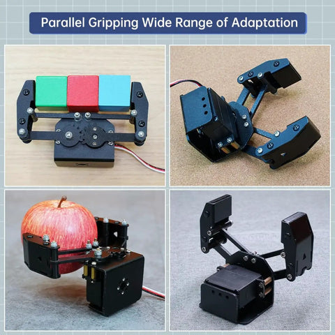 Beefy BigClaw Mechanical Gripper For DIY Robots displaying parallel grip on blocks, apple, showcasing aluminum build and adaptability.