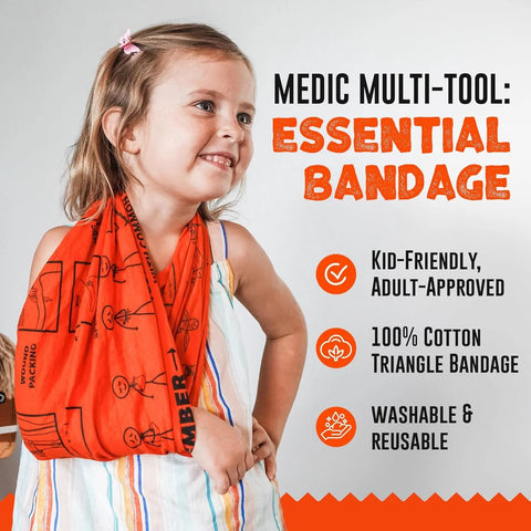 Warrior Kid Medic First Aid triangular bandage sling, red-orange, 100% cotton, worn on a child's arm