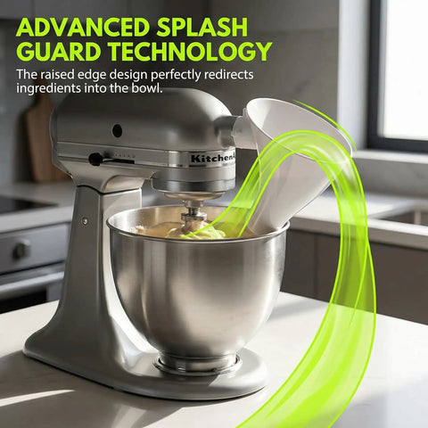 Mess-Free Flour Funnel Attachment for Stand Mixers with Extended Splash Guard, shown on a kitchen counter