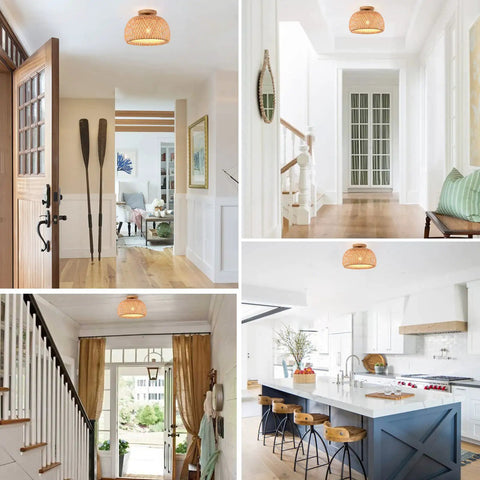 Dope Boho Rattan Semi Flush Mount Ceiling Light With Bamboo Wicker Shade Handmade Farmhouse Fixture in home settings