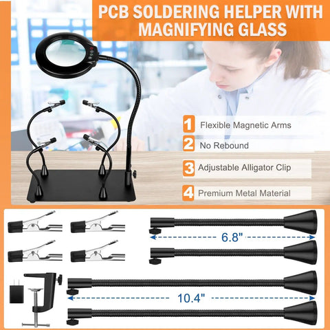Helping Hands Soldering Station With 10X Magnifying Glass And Built In Light displayed with flexible magnetic arms and alligator clips