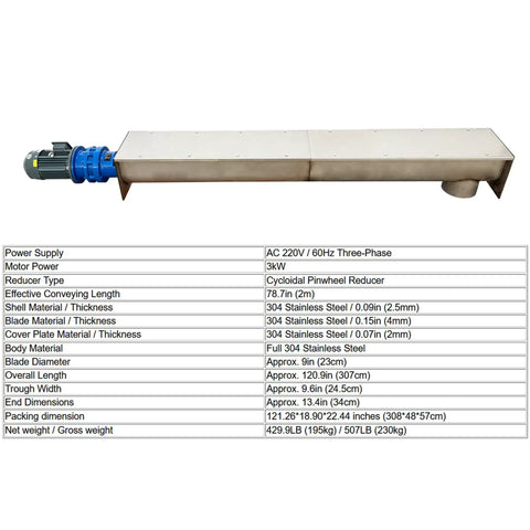 Rock Solid 304 Stainless Steel U Trough Auger Screw Conveyor Featuring A 9 Inch Helical Blade Driven By A Heavy Duty 220V 3 Phase 3KW Motor for bulk transfer