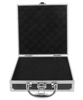 Premium Aluminum Tool Box Featuring Heavy Duty Build And Secure Snap Lock Cover For Van Life Adventures Job Site Projects Weekend Warrior Gear Compact Alloy Storage Case open with black interior.