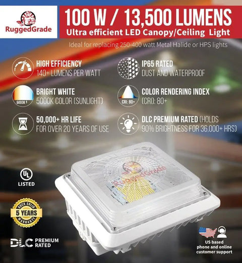 Powerhouse 100W LED Canopy Light Polaris II Series in use with specifications and features listed on panel