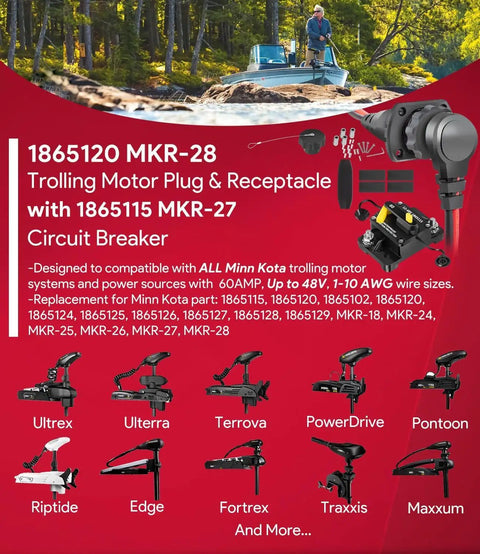 Heavy Duty Trolling Motor Plug And Receptacle Kit With 60 Amp Circuit Breaker For 12V 24V 36V 48V Electrical Systems Marine Grade alternative trolling motors.