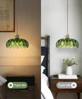 Kick Up Any Room Vintage Green Flower Glass Pendant Light With Long Plug In Cord For Kitchen Island And Bedroom Swinging Gold Tone Ceiling Lamp Fixture Adding Sweet Retro Vibes As A True Living Room Showpiece, lit and unlit settings above nightstands.
