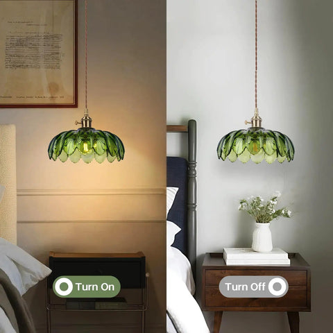 Kick Up Any Room Vintage Green Flower Glass Pendant Light With Long Plug In Cord For Kitchen Island And Bedroom Swinging Gold Tone Ceiling Lamp Fixture Adding Sweet Retro Vibes As A True Living Room Showpiece, lit and unlit settings above nightstands.