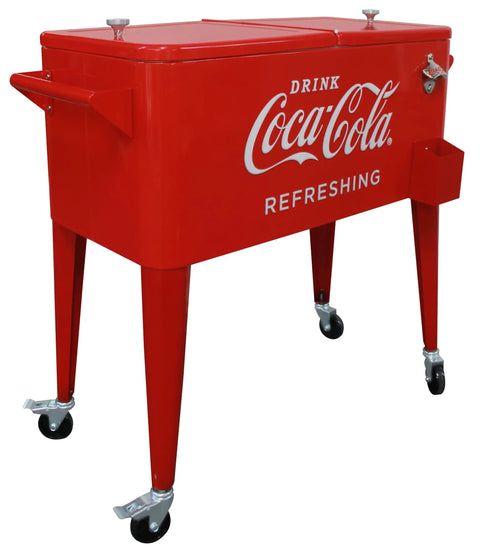 Coca Cola 80 Quart Rolling Cooler With Insulated Liner Holds Over 100 Cans With Ice Four Casters Two Locking Built In Bottle Opener
