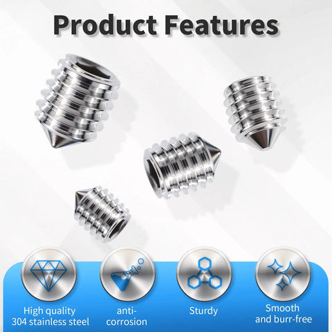 Top Tier 50 Piece M3 X 6mm Allen Hex Socket Set Screws Cone Point Grub Bolts 304 Stainless Steel showing durability and design features.