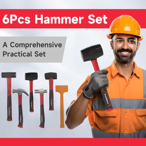 Six-Piece Rubber Mallet Hammer Set With Dead-Blow, Sledge, Stoning, Ball Peen And Claw hammers displayed with professional